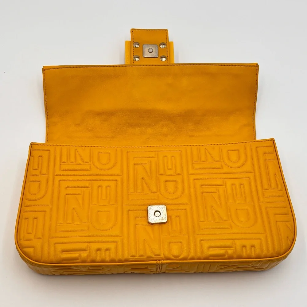 Fendi Yellow Embossed Zucca Leather Baguette Shoulder Bag Silver Hardware - Picture 7 of 12